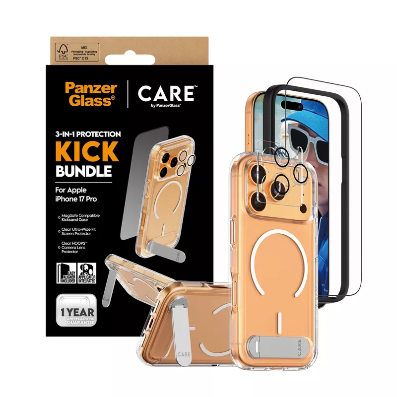 Kaitseümbris PanzerGlass CARE Feature Kick 3w1 iPhone 17 Pro jaoks koos klaasist objektiivikattega