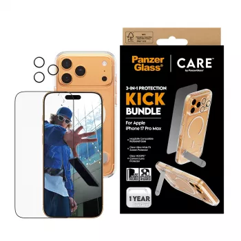 Ekraanikaitse ja ümbrise komplekt PanzerGlass CARE 3-in-1 Feature Kick iPhone 17 Pro Max jaoks — karastatud klaas, PET, silikoon, läbipaistev