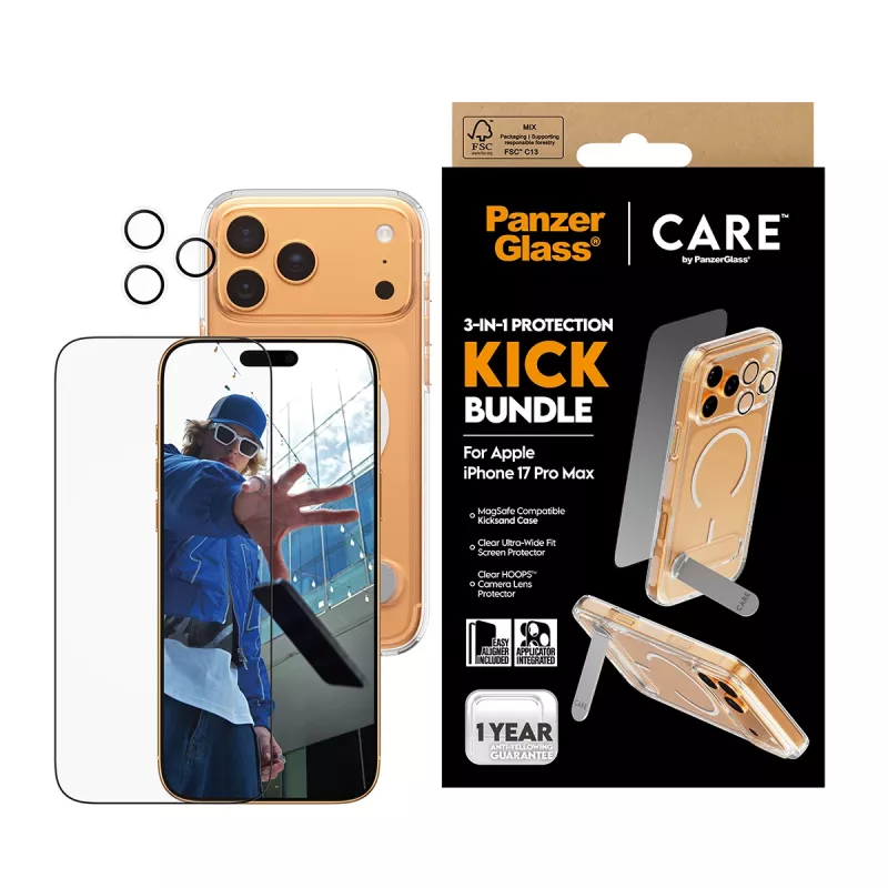 Ekraanikaitse ja ümbrise komplekt PanzerGlass CARE 3-in-1 Feature Kick iPhone 17 Pro Max jaoks — karastatud klaas, PET, silikoon, läbipaistev