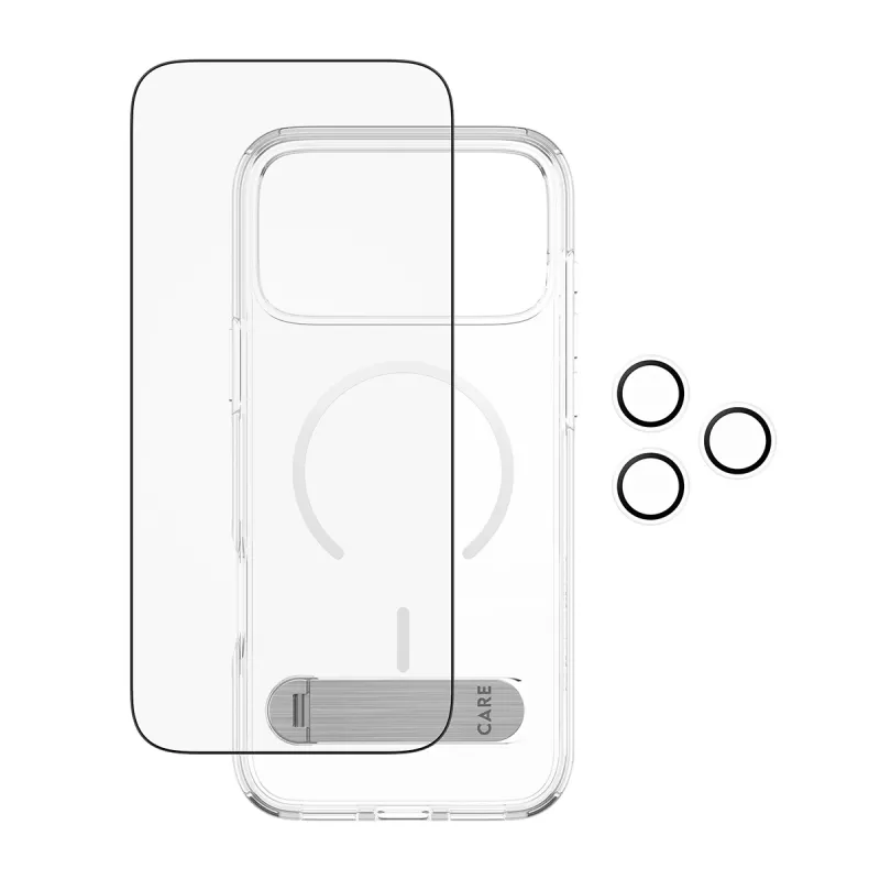 Ekraanikaitse ja ümbrise komplekt PanzerGlass CARE 3-in-1 Feature Kick iPhone 17 Pro Max jaoks — karastatud klaas, PET, silikoon, läbipaistev