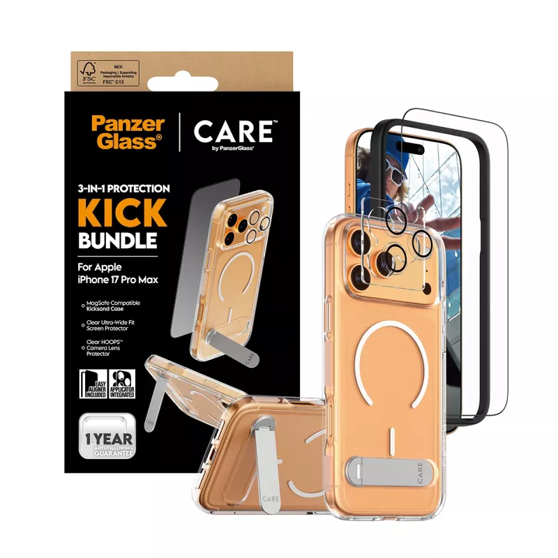 Ekraanikaitse ja ümbrise komplekt PanzerGlass CARE 3-in-1 Feature Kick iPhone 17 Pro Max jaoks — karastatud klaas, PET, silikoon, läbipaistev