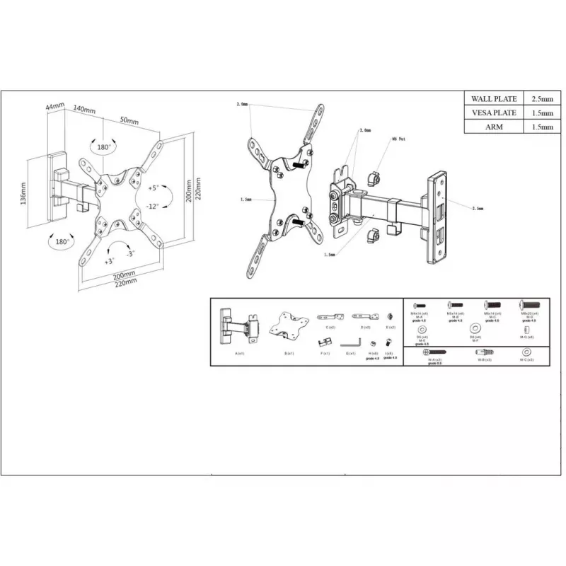 Manhattan seinakinnitus teleritele ja monitoridele (kalde ja pöördega 2 pöördepunkti), ekraanidele 13–42 tolli, VESA-ühilduvus: kõik vahemikus 75x75 mm kuni 200x200 mm – kontrolli kinnitusaukude mõõtmeid ekraani tagaküljel, et tagada sobivus, max 20 kg, kronstein