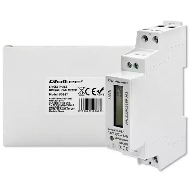 Ühefaasiline elektrienergia arvesti QOLTEC 50887 1-faasiline 230V LCD õhuke