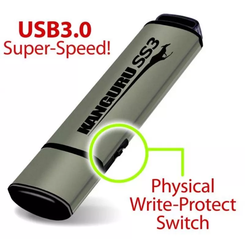 Kanguru SS3™ SuperSpeed USB3.0 64 GB | turvaline mälupulk | füüsiline kirjutuskaitse lüliti | Windowsi „Ready Boost“ ühilduvus | lihtne draiveriteta seadistus | ühenda ja kasuta