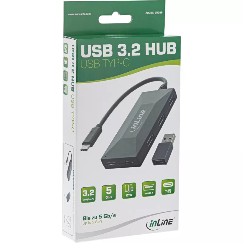 InLine USB 3.2 Gen.1 jaotur, USB-C kuni 2 porti USB-C ja 3 porti USB-A, ilma toiteallikata