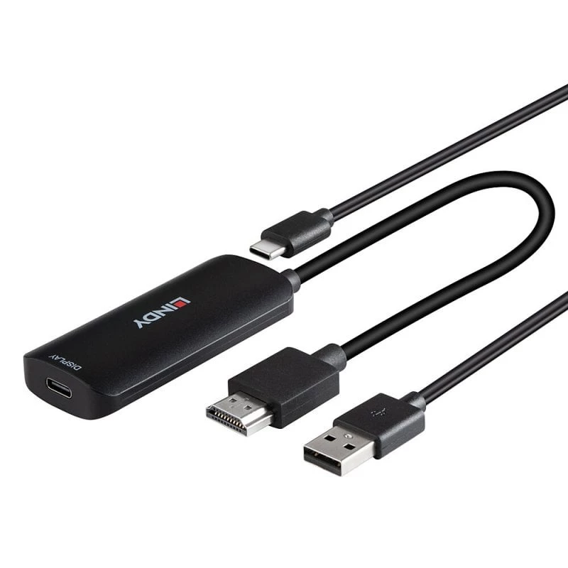 HDMI-USB-C-muundur Lindy 43423 USB-toitesisendiga, 0,2 m kaabel, HDMI + USB-C-pistikud