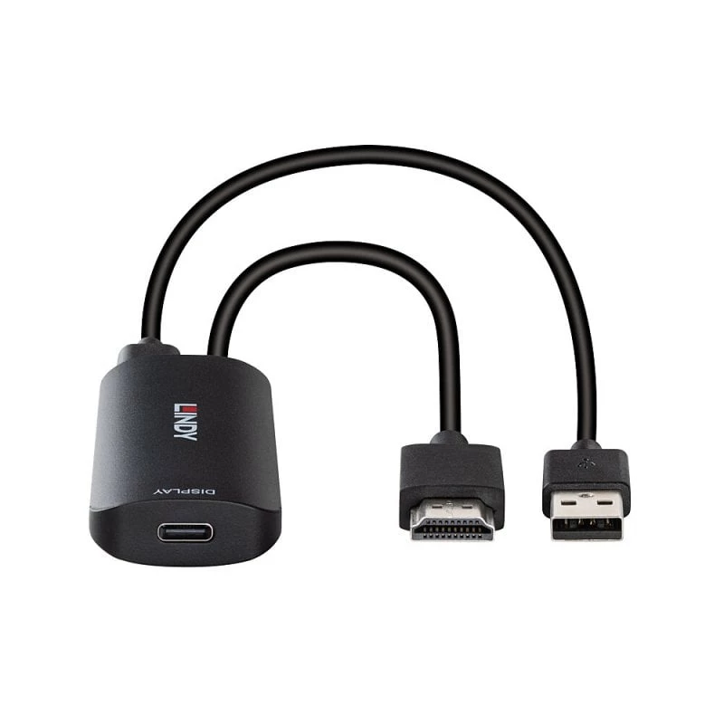 HDMI-USB-C-muundur Lindy 43423 USB-toitesisendiga, 0,2 m kaabel, HDMI + USB-C-pistikud
