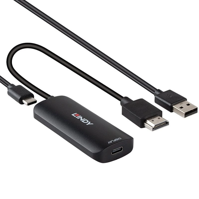 HDMI-USB-C-muundur Lindy 43423 USB-toitesisendiga, 0,2 m kaabel, HDMI + USB-C-pistikud