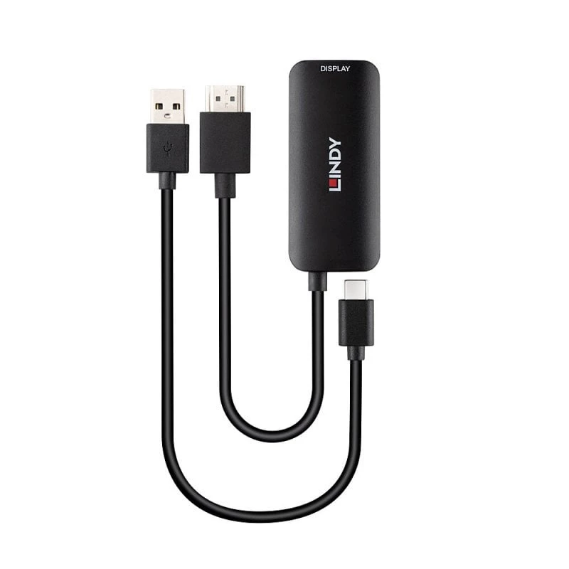 HDMI-USB-C-muundur Lindy 43423 USB-toitesisendiga, 0,2 m kaabel, HDMI + USB-C-pistikud