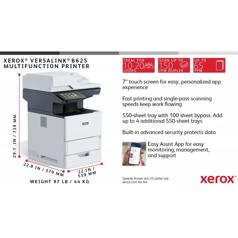 Xerox VersaLink B625 A4 61ppm Duplex Copy/Print/Scan/Fax PS3 PCL5e/6 2 Alust 650 Lehte