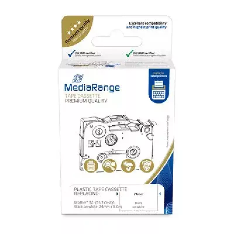 Plastist lindikassett MediaRange TZ-251 24mm 8m mustvalge
