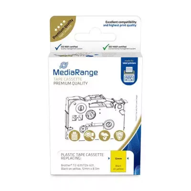 Plastist lindikassett MediaRange TZ-631 12 mm must kollasel taustal