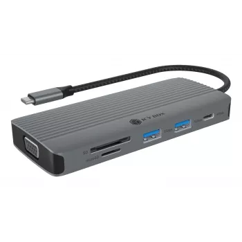 Dokkimisjaam ICY BOX IB-DK4040a-CPD — 10-ühes USB-C, HDMI 4K60Hz, VGA, 3×USB-A, Gigabit LAN, PD 100W, SD/MicroSD, alumiinium