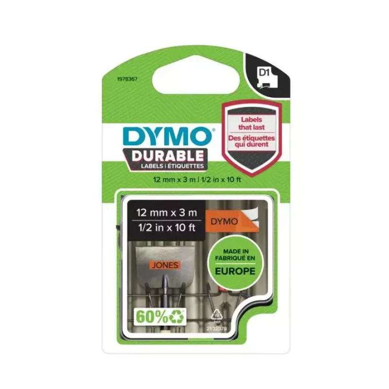 DYMO autentsed D1 vastupidavad sildid | Must trükk oranžil lindil | 12 mm x 3 m | Suure jõudlusega sildilint LabelManager sildivalmistajatele