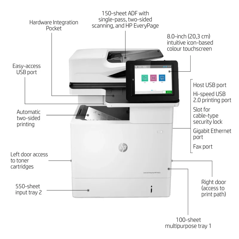HP LaserJet Enterprise MFP M635h, Laser, ühevärviline printimine, 1200 x 1200 DPI, ühevärviline koopia, A4, must, valge