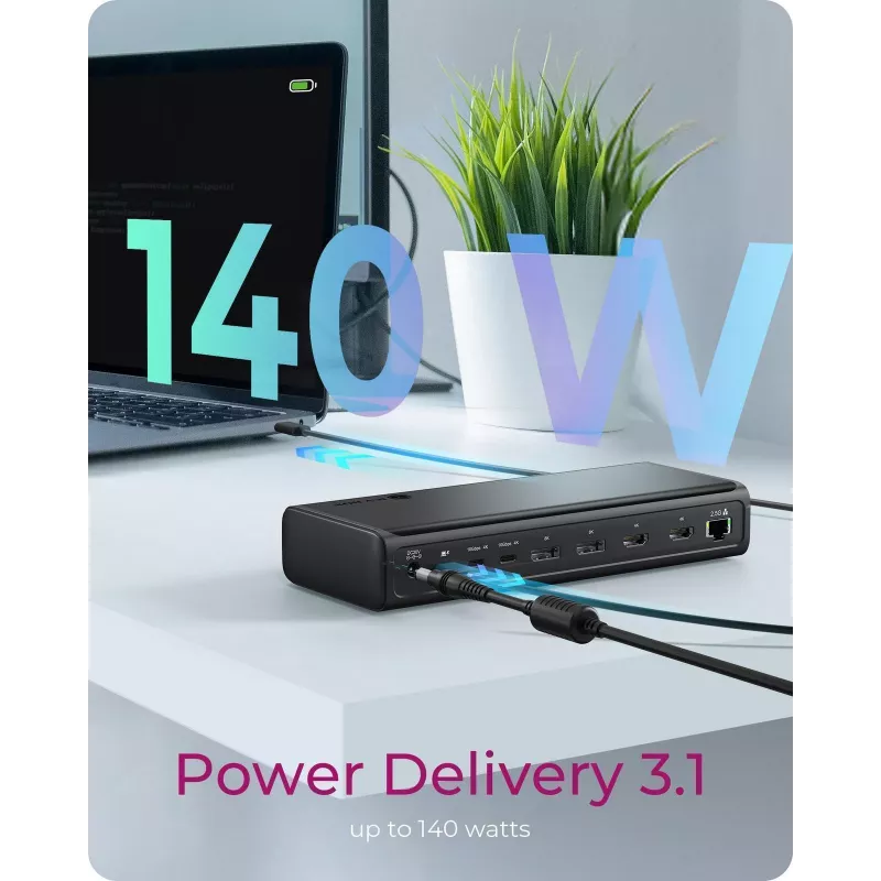 ICY BOX Dokkimisjaam 17-in-1, kuus videoväljundit, juhtmega, USB 3.2 Gen 2 (3.1 Gen 2) USB-C, 140 W, 3,5 mm, 10,100,1000,2500 Mbit/s, must