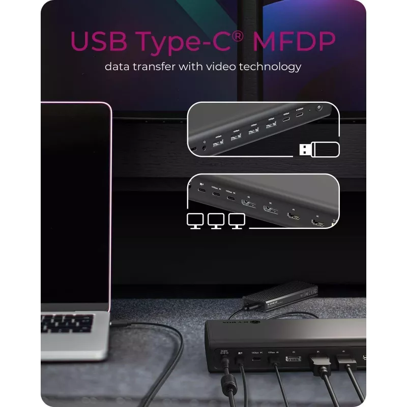 ICY BOX Dokkimisjaam 17-in-1, kuus videoväljundit, juhtmega, USB 3.2 Gen 2 (3.1 Gen 2) USB-C, 140 W, 3,5 mm, 10,100,1000,2500 Mbit/s, must