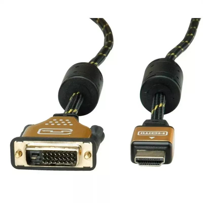 Videokaabli adapter ROLINE 11.04.5895 10 m HDMI DVI Must Kuldne