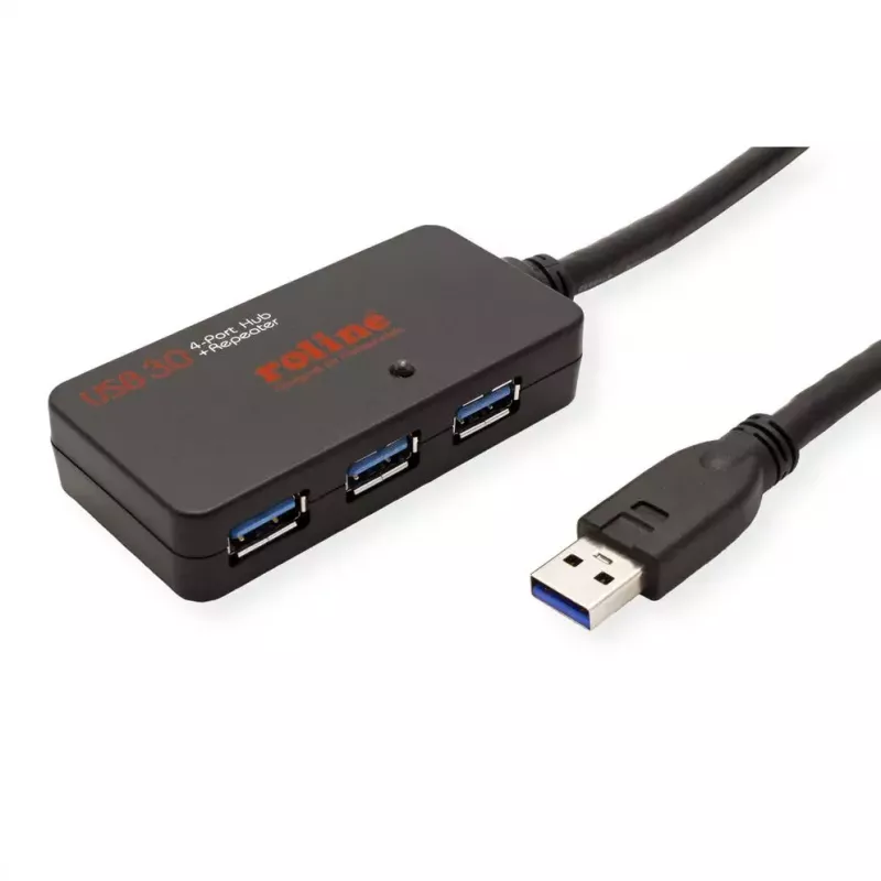 ROLINE USB 3.2 Gen 1 jaotur 4 pordiga koos repiiteriga, must, 10 m