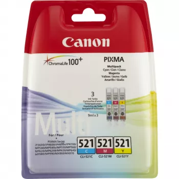 Canon CLI-521 C/M/Y värvilise tindi kassettide mitmikpakend, tsüaan, magenta, kollane, pigmendipõhine tint, 3 tk