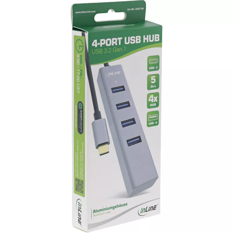 InLine USB-C 3.2 Multi Hub (4x USB-A 5Gb/s), OTG, alumiiniumkorpus
