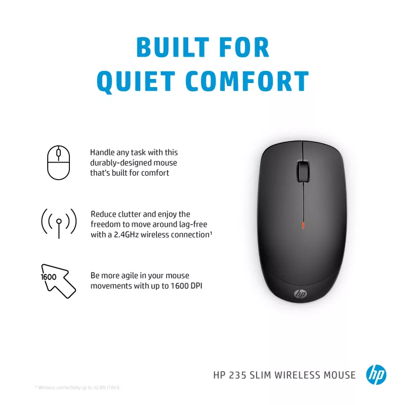 HP 235 õhuke Wireless hiir, mõlemakäeline, optiline, RF-juhtmeta, 1600 DPI, must