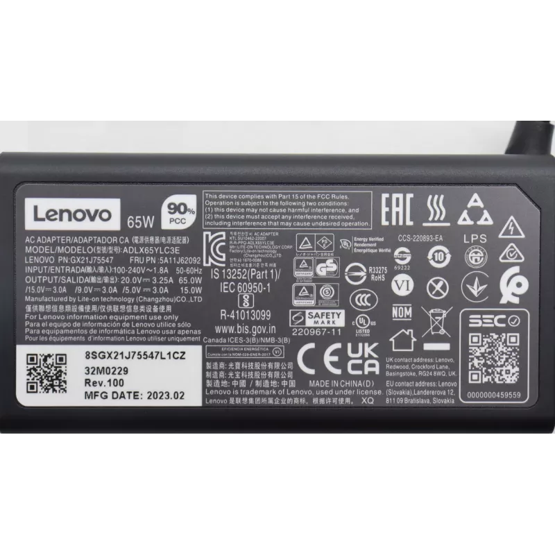 Lenovo 65W USB-C laadija 5A11J62092 toiteadapter sülearvutitele ja USB-C seadmetele