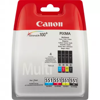 Canon CLI-551 BK/C/M/Y tindikassettide komplekt, standardmahutavus, must, tsüaan, magenta, kollane, 4 tk, mitmikpakend