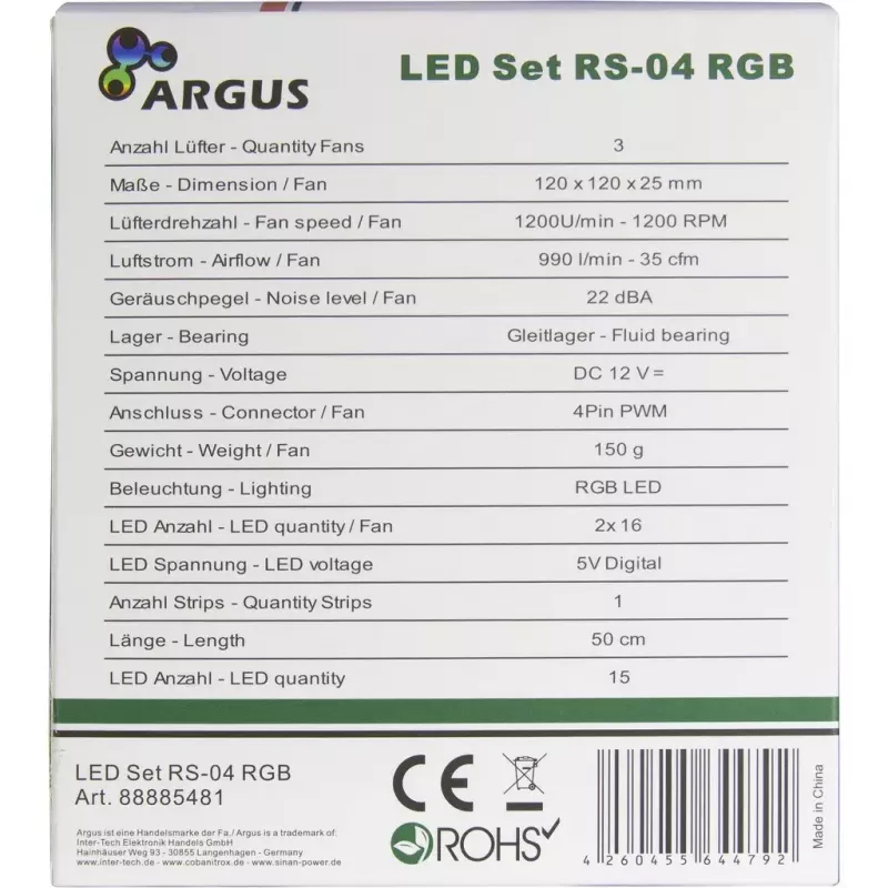 Fan Inter-Tech RS-04 RGB Arvutikorpuse ventilaator 12 cm Must