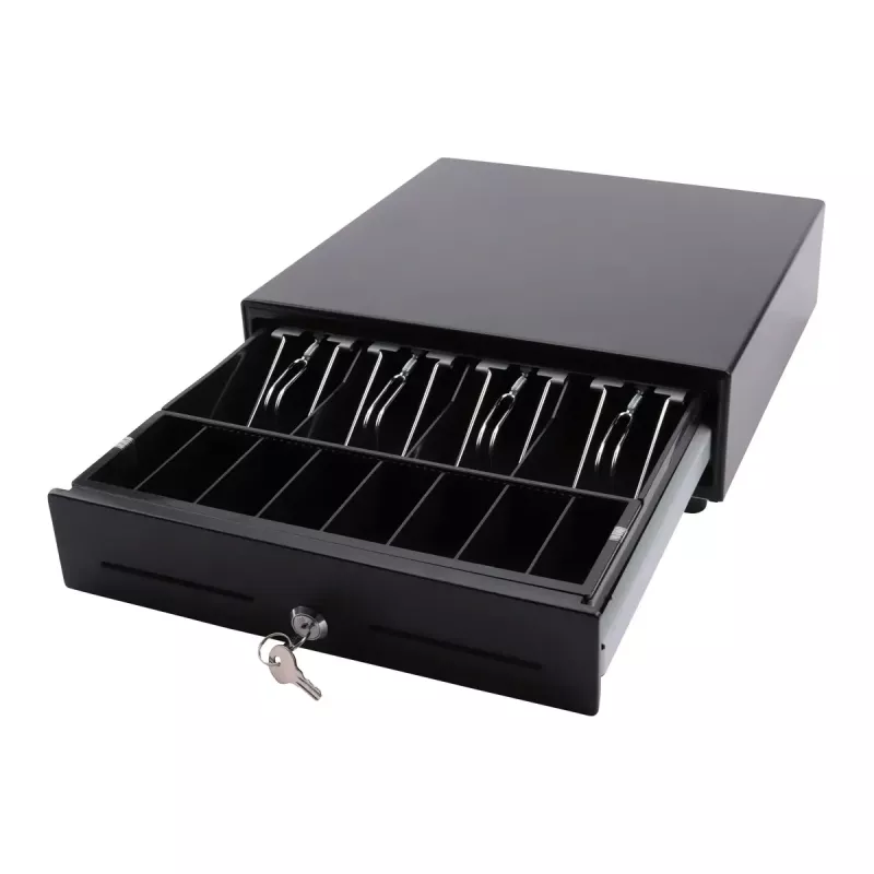 Elektrooniline kassasahtel Olympia SD 330A, metallkorpus, sisend 12–14 V, laius 335 mm, sügavus 330 mm, kõrgus 104 mm, sisaldab 2 võtit