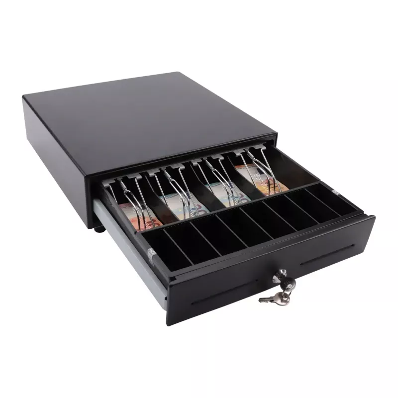 Elektrooniline kassasahtel Olympia SD 330A, metallkorpus, sisend 12–14 V, laius 335 mm, sügavus 330 mm, kõrgus 104 mm, sisaldab 2 võtit