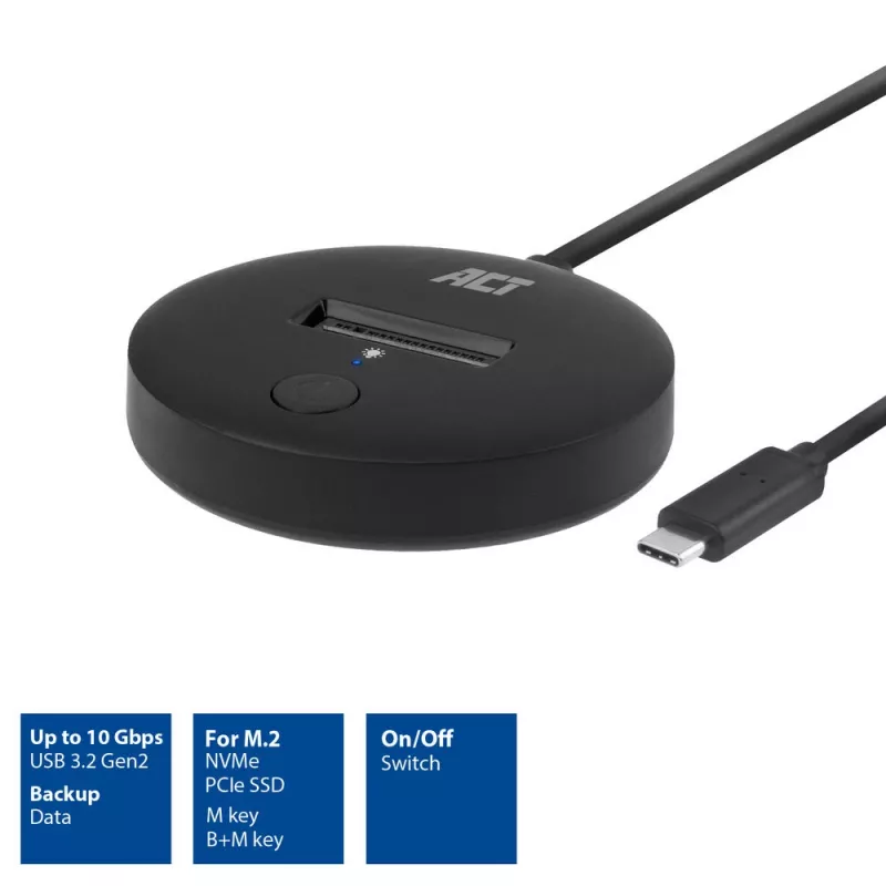 ACT M.2 NVMe/PCIe SSD dokkimisjaam USB-C 3.2 Gen2 Must
