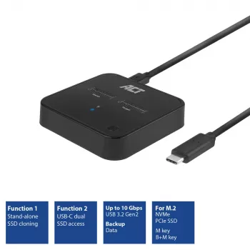 ACT M.2 NVMe/PCIe kahe SSD dokkimis- ja kloonimisjaam, USB-C 3.2 Gen2