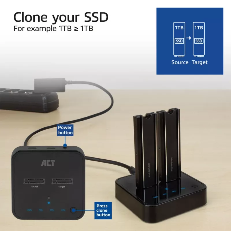 ACT M.2 NVMe/PCIe kahe SSD dokkimis- ja kloonimisjaam, USB-C 3.2 Gen2