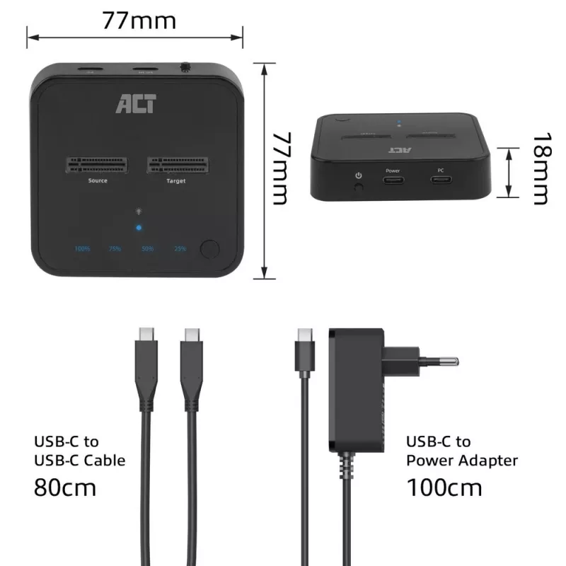 ACT M.2 NVMe/PCIe kahe SSD dokkimis- ja kloonimisjaam, USB-C 3.2 Gen2