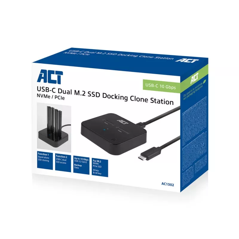 ACT M.2 NVMe/PCIe kahe SSD dokkimis- ja kloonimisjaam, USB-C 3.2 Gen2