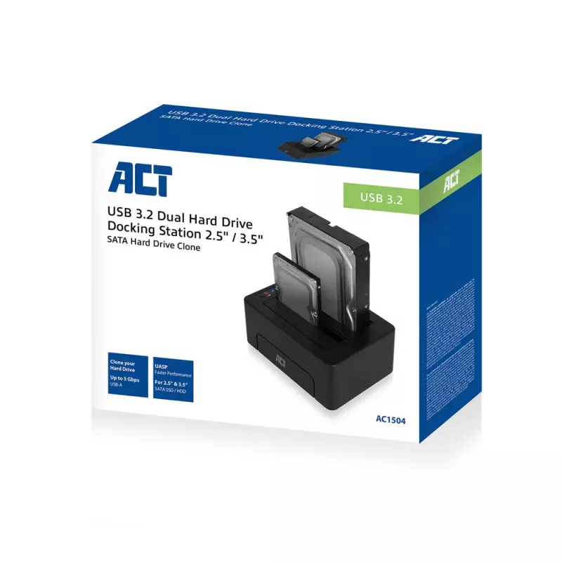 ACT 2,5-tolline ja 3,5-tolline SATA kahe HDD/SSD dokkimisjaam, USB 3.2 Gen1