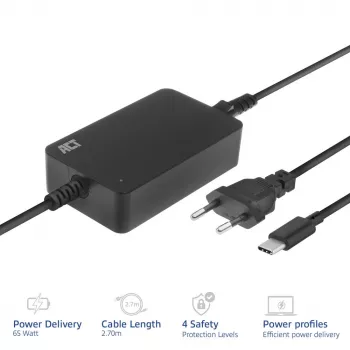 ACT USB-C sülearvuti laadija Power Delivery profiilidega 65 W, sülearvuti, siseruumides, 100–240 V, 50/60 Hz, 65 W, 5–20 V