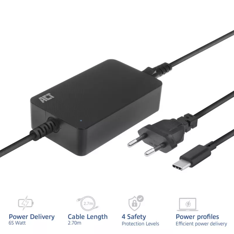 ACT USB-C sülearvuti laadija Power Delivery profiilidega 65 W, sülearvuti, siseruumides, 100–240 V, 50/60 Hz, 65 W, 5–20 V