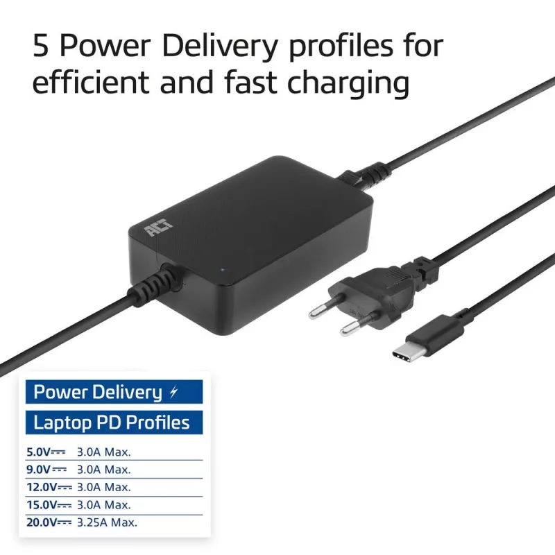 ACT USB-C sülearvuti laadija Power Delivery profiilidega 65 W, sülearvuti, siseruumides, 100–240 V, 50/60 Hz, 65 W, 5–20 V