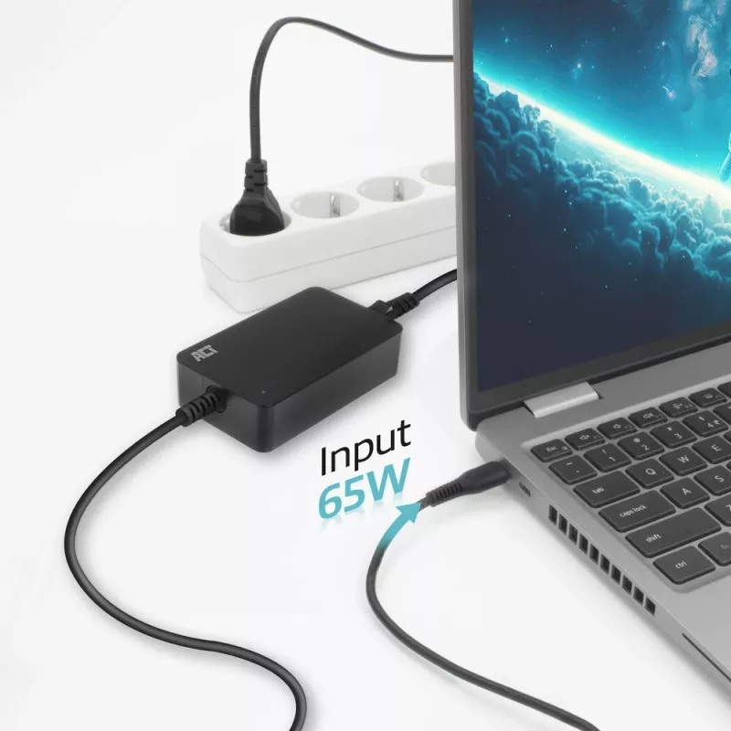 ACT USB-C sülearvuti laadija Power Delivery profiilidega 65 W, sülearvuti, siseruumides, 100–240 V, 50/60 Hz, 65 W, 5–20 V