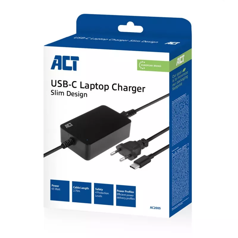 ACT USB-C sülearvuti laadija Power Delivery profiilidega 65 W, sülearvuti, siseruumides, 100–240 V, 50/60 Hz, 65 W, 5–20 V