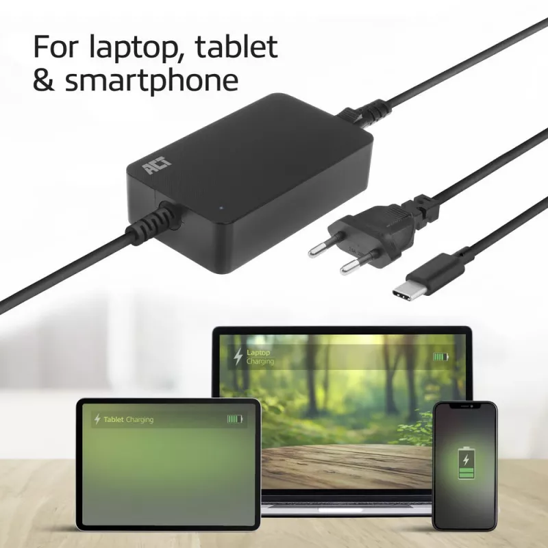 ACT USB-C sülearvuti laadija Power Delivery profiilidega 65 W, sülearvuti, siseruumides, 100–240 V, 50/60 Hz, 65 W, 5–20 V