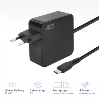 ACT USB-C seinast laadija sülearvutile 65W Power Delivery profiilidega, 2 meetrit