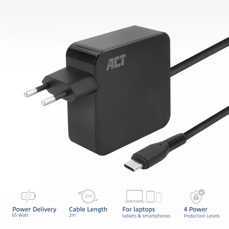 ACT USB-C seinast laadija sülearvutile 65W Power Delivery profiilidega, 2 meetrit