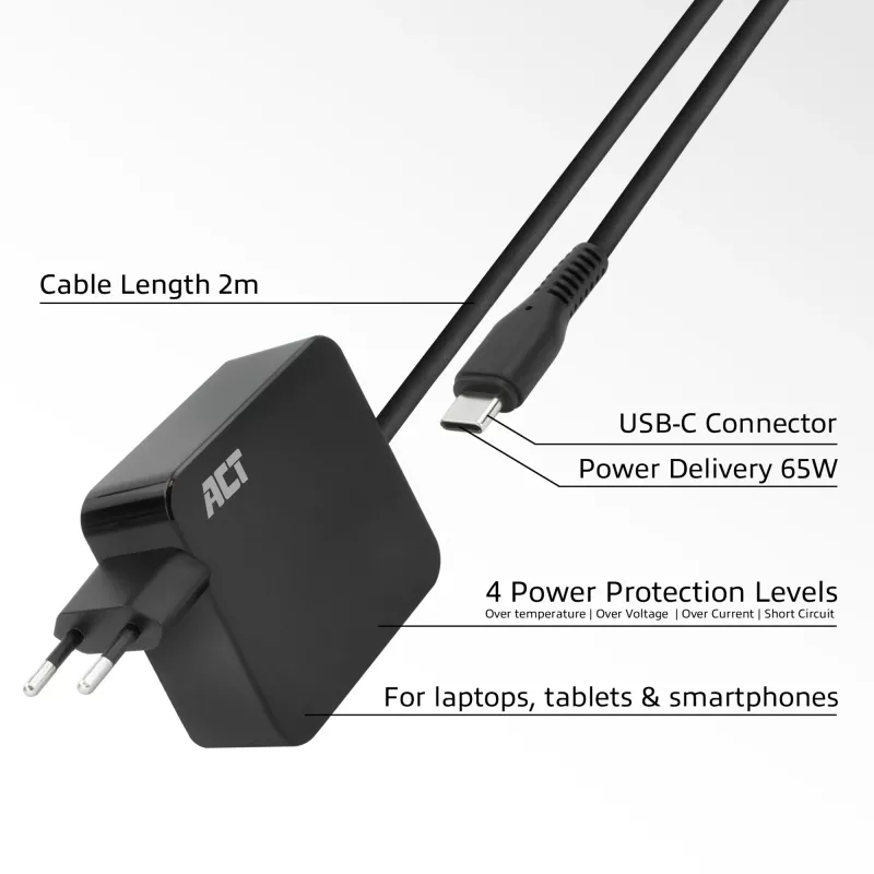 ACT USB-C seinast laadija sülearvutile 65W Power Delivery profiilidega, 2 meetrit