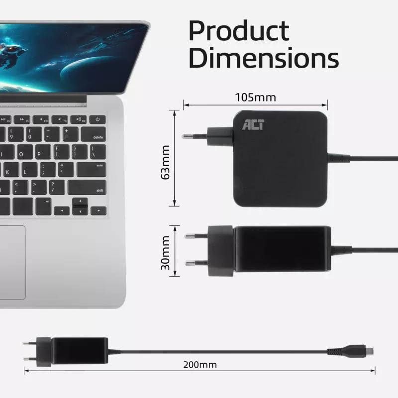ACT USB-C seinast laadija sülearvutile 65W Power Delivery profiilidega, 2 meetrit