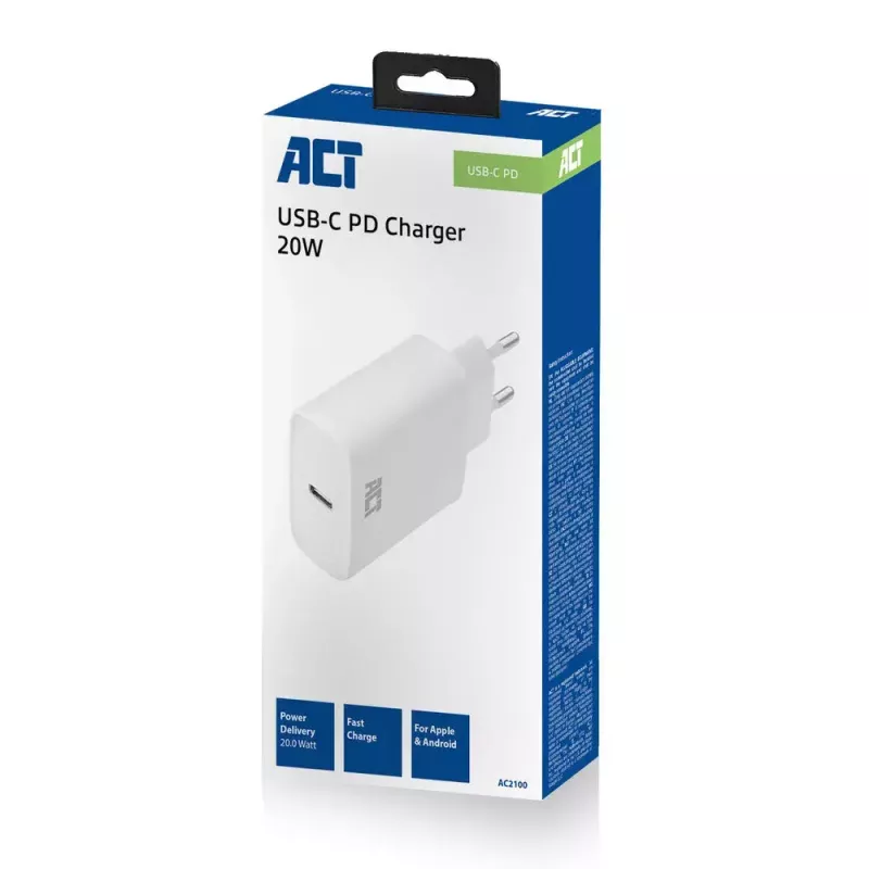 ACT Compact USB-C laadija 20W kiirlaadimine siseruumides universaalne valge