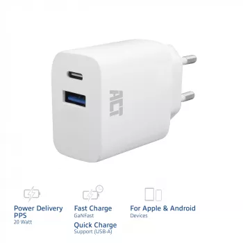 ACT USB-C ja USB-A laadija 20 W Power Delivery PPS, Quick Charge, GaNFast