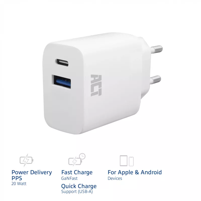 ACT USB-C ja USB-A laadija 20 W Power Delivery PPS, Quick Charge, GaNFast